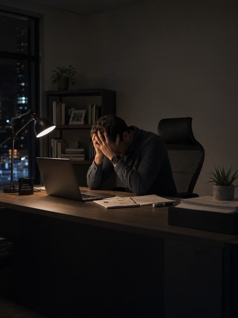 Entrepreneur sitting at a desk late at night with head in hands, overwhelmed
